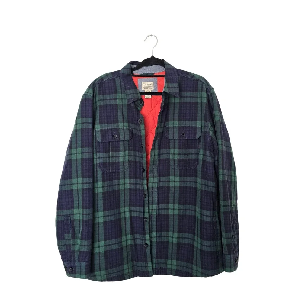 L.L.Bean Quilted Flannel Shirt Jacket Men Large Green Blue Plaid Quilted Shacket